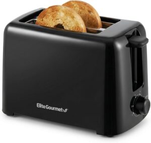 Elite Gourmet 2-Slice Cool Touch Toaster – 6 Browning Levels, Extra Wide 1.25” Slots for Bagels & Thick Bread, Cancel Function, Compact, ETL Certified, Black