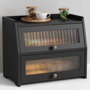 Goozii Large Bread Box for Kitchen Countertop, Black Bread Storage Container for Homemade Bread, Double Layer Farmhouse Breadbox Organizer for Kitchen Counter Cabinet, Pantry, Cupboard (Black)